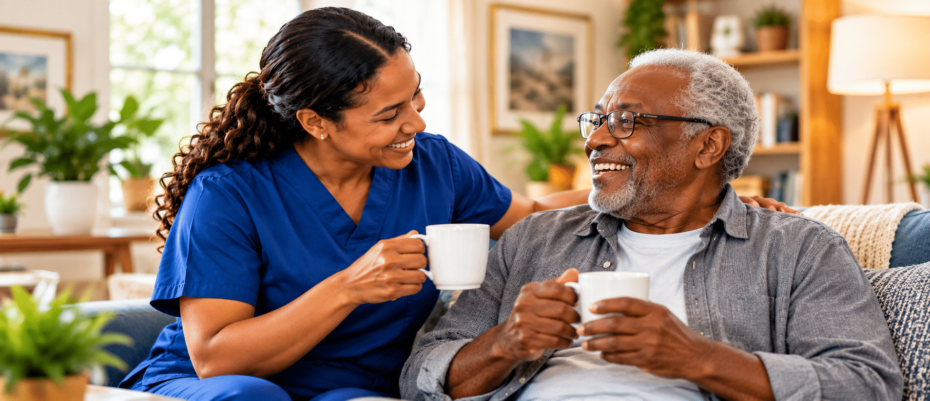 Caregiver and older adult enjoying a friendly conversation over tea