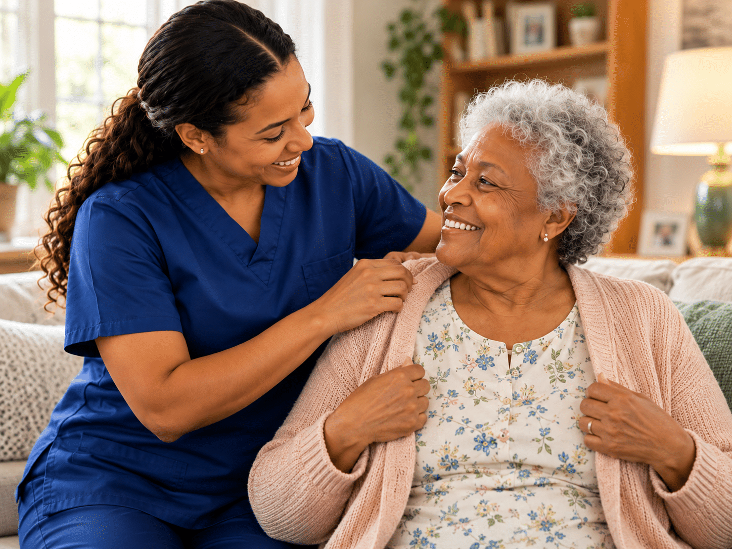 Caregiver helping an older woman get dressed comfortably at home