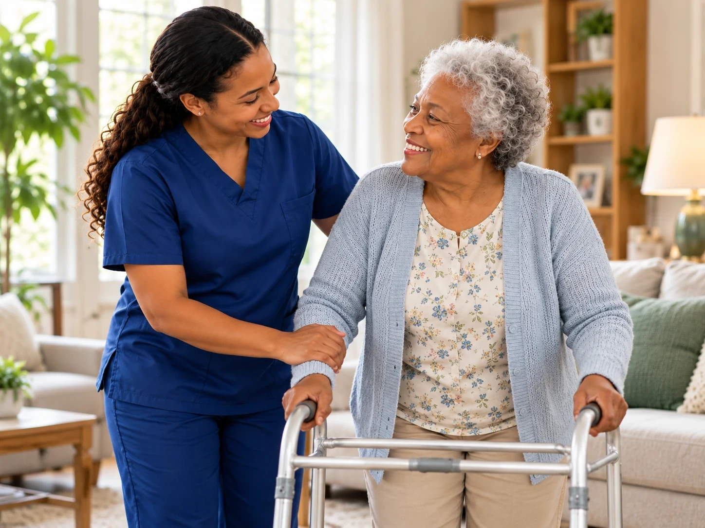 Caregiver supporting an older woman using a walking aid at home