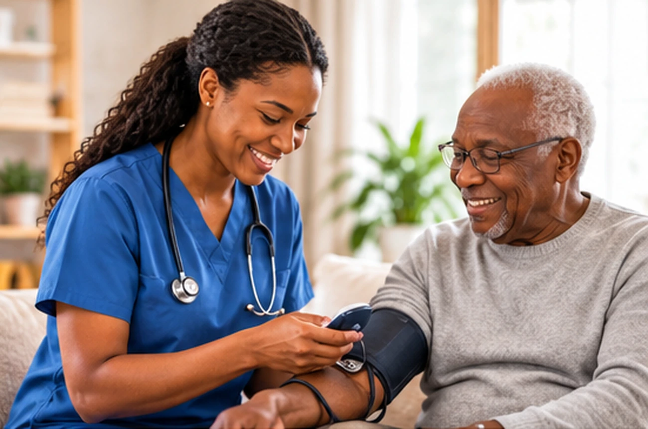 Nurse checking an older adult's blood pressure at home